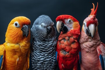 Stunning capture of vibrant parrots lined up showing off their colorful feathers and varied patterns - obrazy, fototapety, plakaty