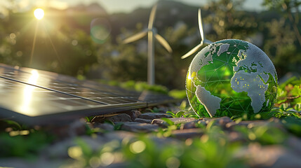 Solar panel, wind turbines and earth globe.
