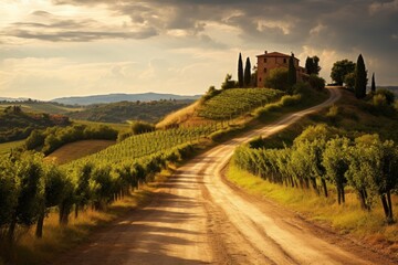 A road leading to a remote vineyard in the countryside