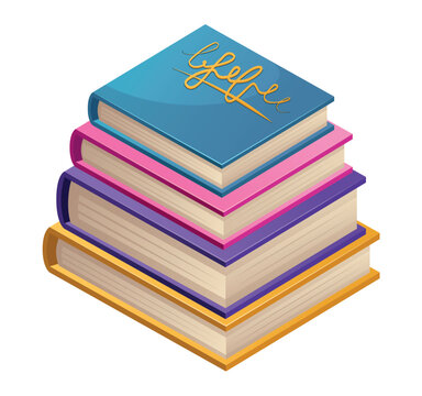 Sticker image of books. The illustration depicts a stack of bright books decorated with a dynamic cartoon pattern that adds color and personality to any space. Vector illustration.