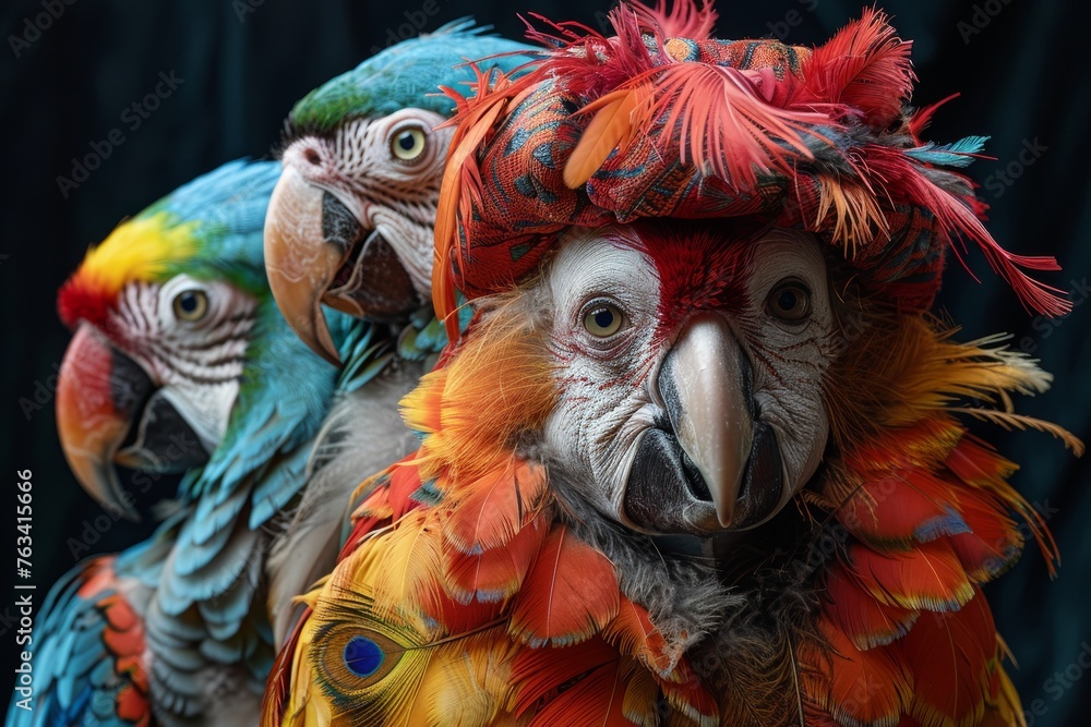 Poster three parrots adorned with colorful feathers and textured hats stare curiously into the camera