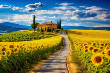 Fototapeta premium A road surrounded by vibrant sunflower fields in rural