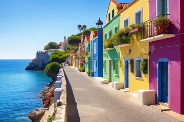 A road through a charming coastal village with colorful houses