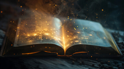 Open old book with light rays and smoke on wooden table. Selective focus