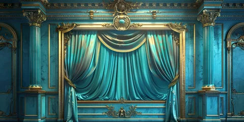 Fotobehang turquoise curtain stage with frames, © TIYASHA