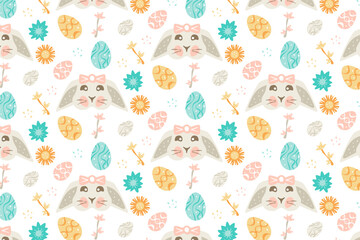 easter seamless pattern with rabbit and eggs