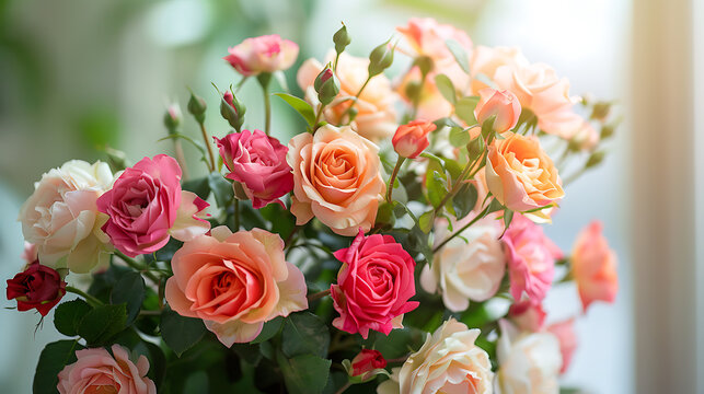 Beautiful bouquet of roses in vase on table, closeup