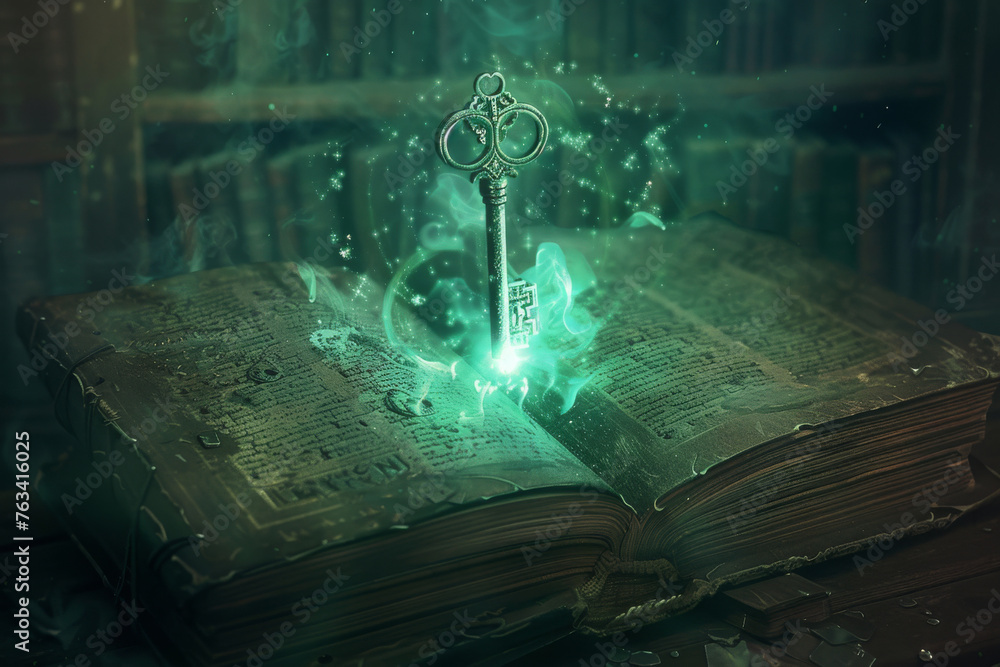 Poster ancient key floating above magic book in libray, unlock secret spells and key of wisdom concept.