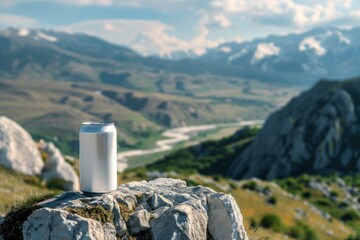 A high-definition image features a blank aluminum can set against a stunning mountainous backdrop, ideal for mockup branding purposes