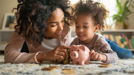 Mother showing child how to save with piggy bank. - obrazy, fototapety, plakaty