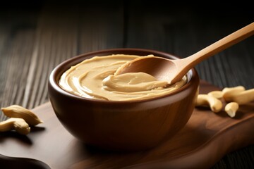 A wooden spoon filled with cashew butter
