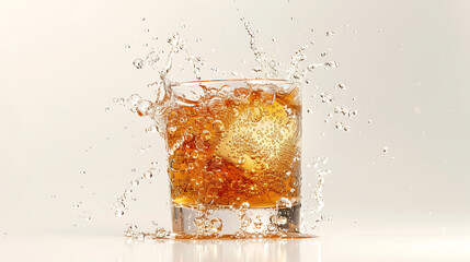 whiskey splashing into glass with ice cubes on white background