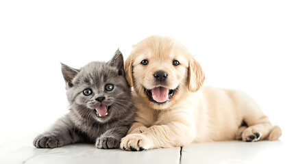 Cute cat and dog together on white background. Studio shot.