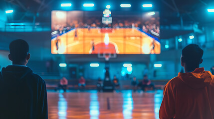 Rear view of a basketball player standing in front of a basketball court - obrazy, fototapety, plakaty