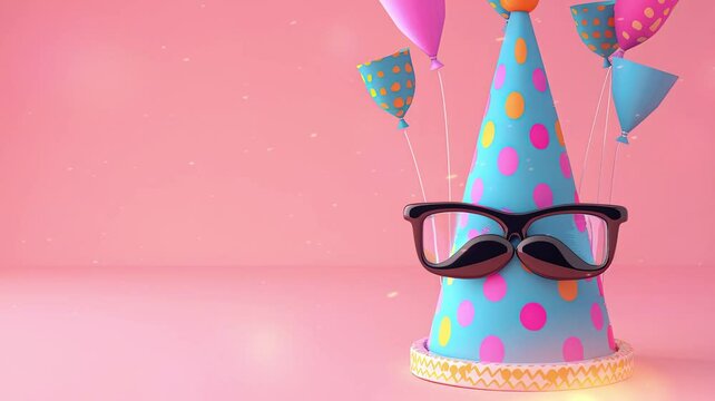3D background concept for April Fools. A birthday hat, glasses, and mustache in plain background.