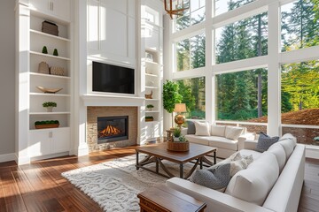 Beautiful living room interior in new luxury home with hardwood floors and fireplace. Several large windows suggest an outdoor view.