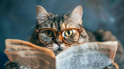 A cat wearing oversized human glasses and reading a newspaper upside down, with a look of intense concentration on its furry face super detailed - obrazy, fototapety, plakaty