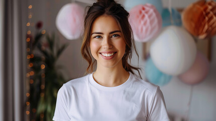 Fototapeta premium Portrait of a beautiful young woman in a white t-shirt with balloons in the background.