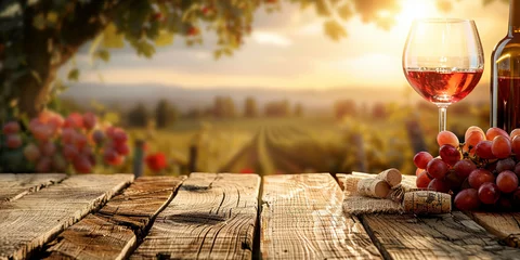 Poster Im Rahmen Wood table top with a glass of red wine on blurred vineyard landscape background © Ricardo Costa