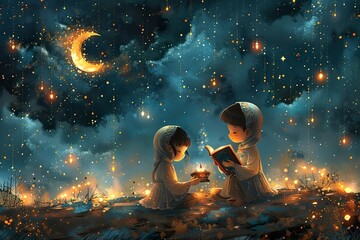 Watercolor illustration for ramadan with two children in traditional attire reading a quran under a starry sky - obrazy, fototapety, plakaty