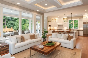 Beautiful living room interior with hardwood floors, view of kitchen and dining room in new luxury home - obrazy, fototapety, plakaty