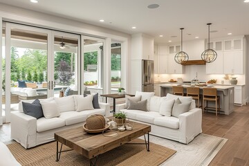 Beautiful living room interior with hardwood floors, view of kitchen and dining room in new luxury home