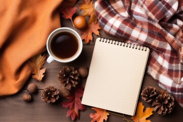 Autumn inspired flat lay mockup with a plaid scarf, acorns, and a notepad