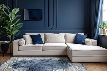 Beige corner sofa in room with dark blue walls. Interior design of modern living room.