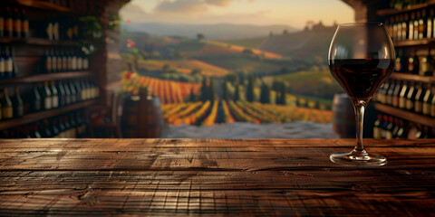 Wood table top with a glass of red wine on blurred vineyard landscape background