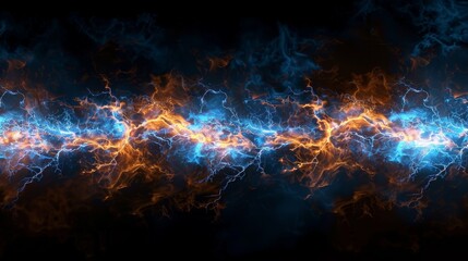 The collision of orange and blue lightning on a black background.