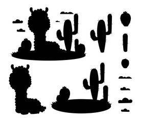 Obraz premium Collection silhouettes of llama and cacti. Isolated drawings Alpaca animal, glade, cactus and cloud. Black hand drawn. Vector illustration.