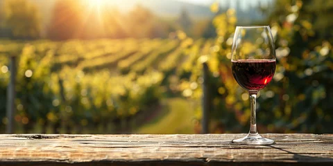 Photo sur Plexiglas Couleur miel Wood table top with a glass of red wine on blurred vineyard landscape background