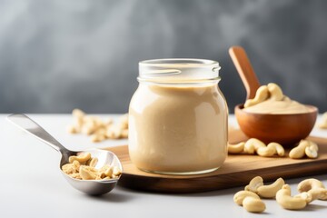 Cashew butter in a glass jar with a silver spoon