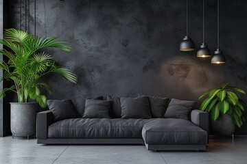 Black interior modern classic. A large black sofa, a sofa in expensive fabric, a green houseplant. Black dark room. - obrazy, fototapety, plakaty