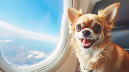 Happy Chihuahua sitting near the window on the airplane