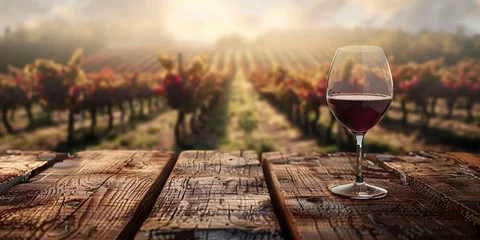Poster Wood table top with a glass of red wine on blurred vineyard landscape background © Ricardo Costa