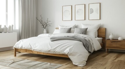 A Scandinavian-style bedroom, minimalistic design of a bedroom with a large bed.