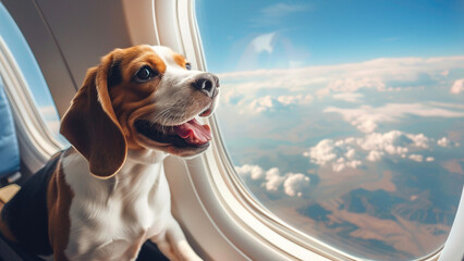 Happy Beagle sitting near the window on the airplane