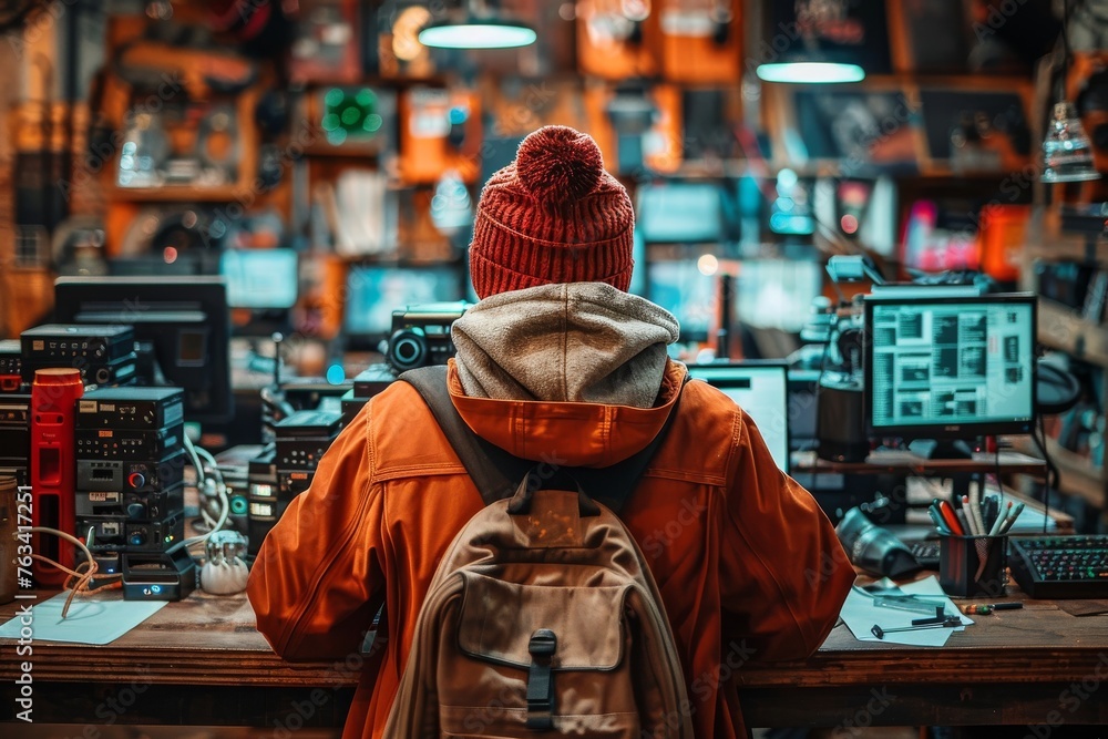 Poster a person with a red beanie and orange jacket observing tech gadgets, creating a cozy tech enthusiast
