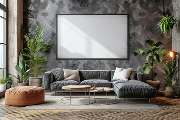 Blank horizontal poster frame mock up in living room interior, modern living room interior background.