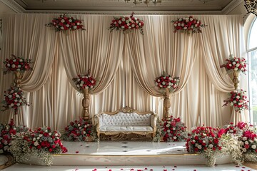 white with golden bright curtain wedding stage with red flowers frames