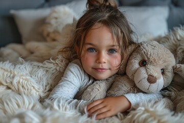 Calm and content, a little girl snuggles with her plush bunny toy in a soft, warm bed conveying comfort and security