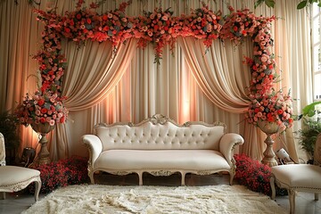 white with golden bright curtain wedding stage with red flowers frames