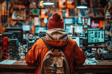 Obraz premium A person with a red beanie and orange jacket observing tech gadgets, creating a cozy tech enthusiast atmosphere