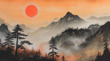 Traditional japanese watercolor style of forest mountains in Japan