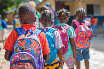 Obraz premium A group of children are walking down the street, each carrying a backpack, back to school concept