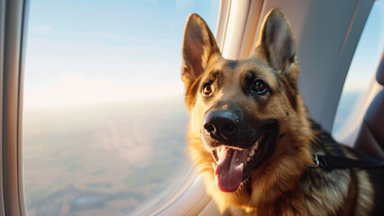 Happy Alsatian sitting near the window on the airplane
