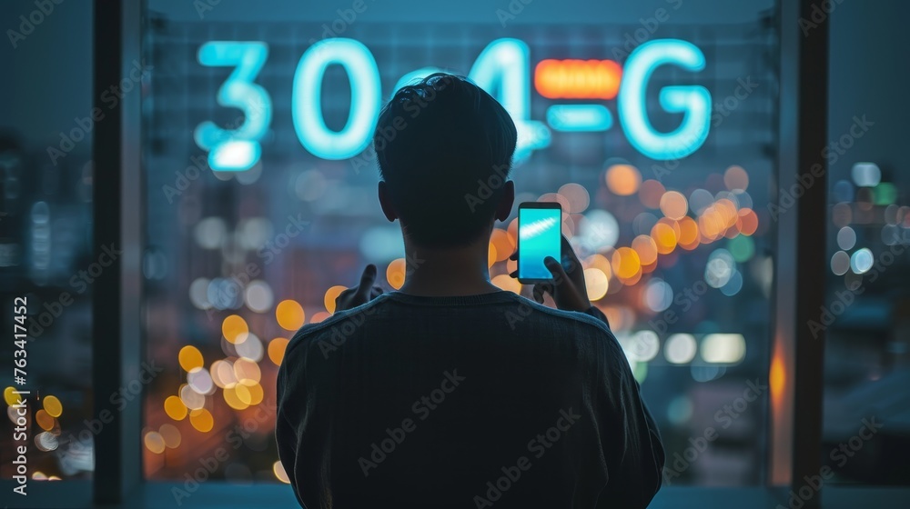 Fototapete man using and texting on his smart phone mobile for service 5g digital communication