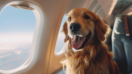 Happy Golden Retriever sitting near the window on the airplane