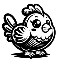 A charming black and white illustration of a cartoon chicken with an adorable and expressive face, perfect for children's designs.